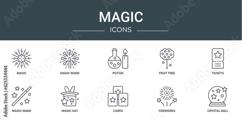 set of 10 outline web magic icons such as magic, magic wand, potion, fruit tree, tickets, wand, hat vector icons for report, presentation, diagram, web design, mobile app