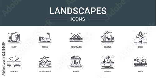 set of 10 outline web landscapes icons such as cliff, ruins, mountains, cactus, lake, tundra, mountains vector icons for report, presentation, diagram, web design, mobile app © MacroOne
