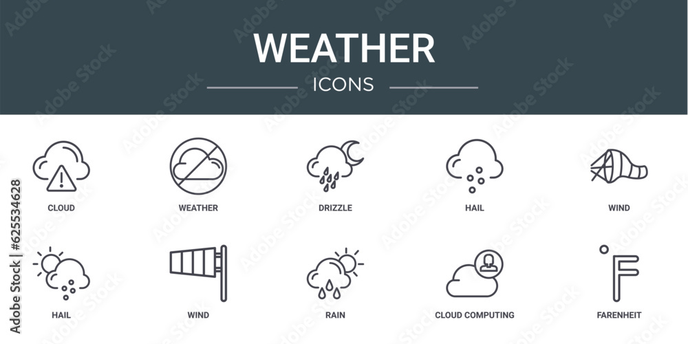 set of 10 outline web weather icons such as cloud, weather, drizzle, hail, wind, hail, wind vector icons for report, presentation, diagram, web design, mobile app