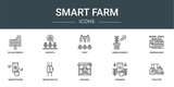 set of 10 outline web smart farm icons such as solar energy, growth, pest, green energy, greenhouse, smartphone, smartwatch vector icons for report, presentation, diagram, web design, mobile app