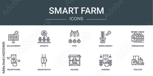 set of 10 outline web smart farm icons such as solar energy, growth, pest, green energy, greenhouse, smartphone, smartwatch vector icons for report, presentation, diagram, web design, mobile app