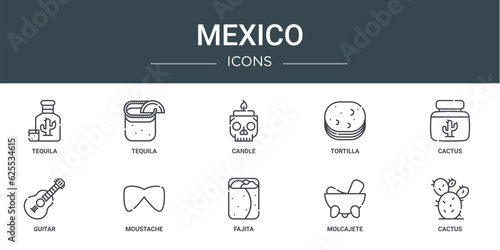 set of 10 outline web mexico icons such as tequila, tequila, candle, tortilla, cactus, guitar, moustache vector icons for report, presentation, diagram, web design, mobile app
