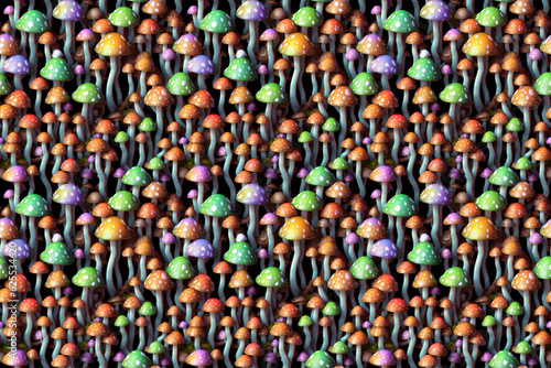 Seamless pattern with magic mushrooms in the mysterious forest. Fairy tales, mysticism, hallucinogens.