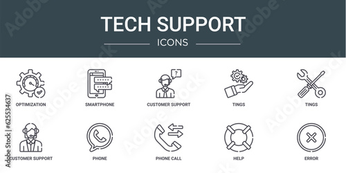 set of 10 outline web tech support icons such as optimization, smartphone, customer support, tings, tings, customer support, phone vector icons for report, presentation, diagram, web design, mobile