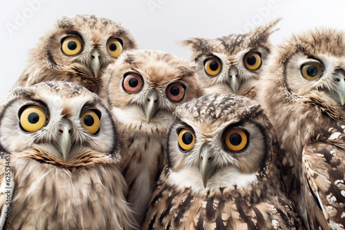 Group of owls isolated on a white background. Shallow depth of field 