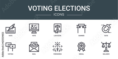 set of 10 outline web voting elections icons such as vote, vote, law book, banner, rate, voting, mail vector icons for report, presentation, diagram, web design, mobile app