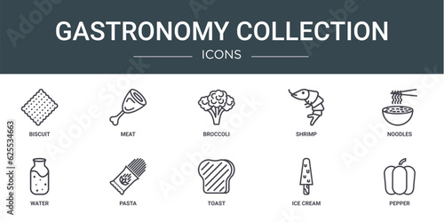 set of 10 outline web gastronomy collection icons such as biscuit, meat, broccoli, shrimp, noodles, water, pasta vector icons for report, presentation, diagram, web design, mobile app