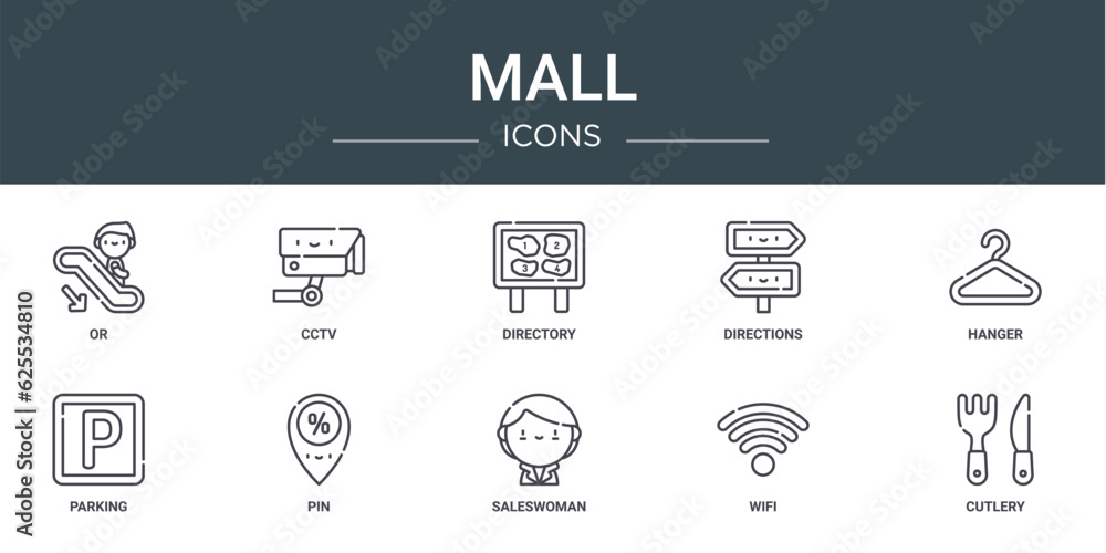 set of 10 outline web mall icons such as or, cctv, directory, directions, hanger, parking, pin vector icons for report, presentation, diagram, web design, mobile app