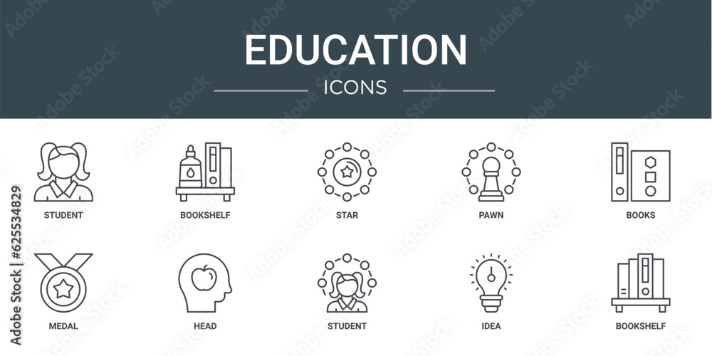 set of 10 outline web education icons such as student, bookshelf, star, pawn, books, medal, head vector icons for report, presentation, diagram, web design, mobile app