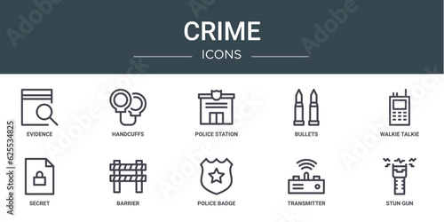 set of 10 outline web crime icons such as evidence, handcuffs, police station, bullets, walkie talkie, secret, barrier vector icons for report, presentation, diagram, web design, mobile app