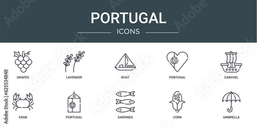 set of 10 outline web portugal icons such as grapes, lavender, boat, portugal, caravel, crab, portugal vector icons for report, presentation, diagram, web design, mobile app