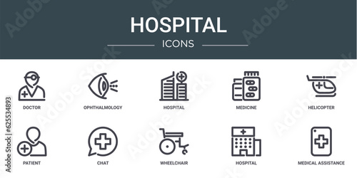 set of 10 outline web hospital icons such as doctor, ophthalmology, hospital, medicine, helicopter, patient, chat vector icons for report, presentation, diagram, web design, mobile app