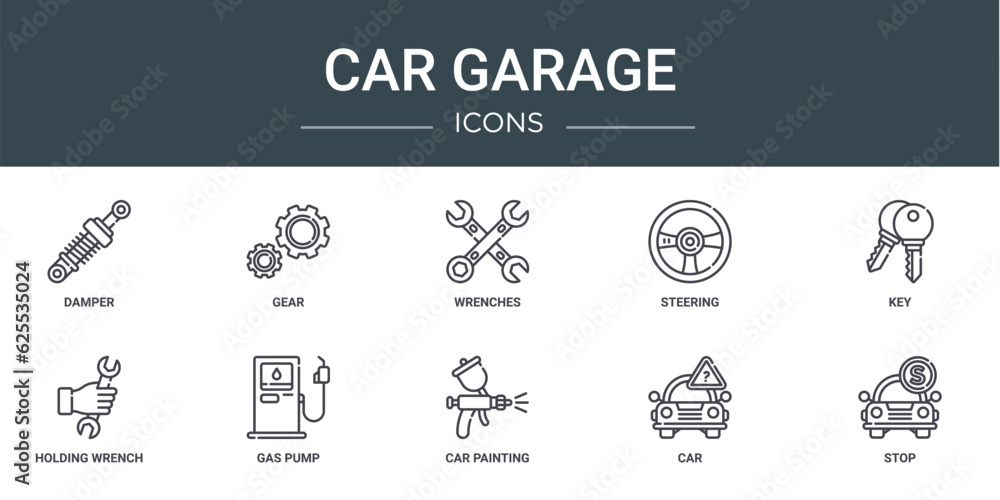 set of 10 outline web car garage icons such as damper, gear, wrenches, steering, key, holding wrench, gas pump vector icons for report, presentation, diagram, web design, mobile app