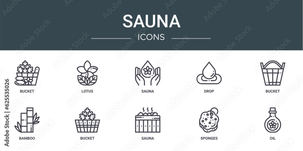 set of 10 outline web sauna icons such as bucket, lotus, sauna, drop, bucket, bamboo, bucket vector icons for report, presentation, diagram, web design, mobile app