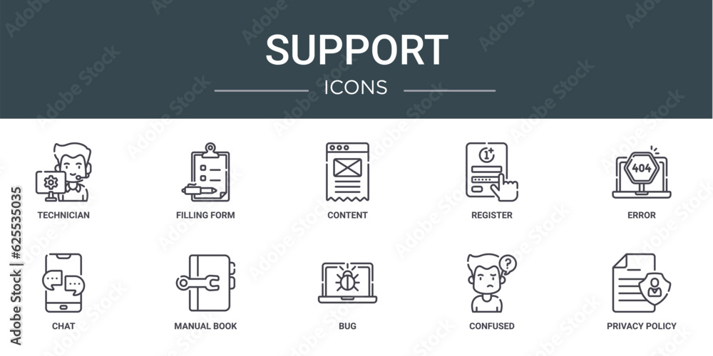 set of 10 outline web support icons such as technician, filling form, content, register, error, chat, manual book vector icons for report, presentation, diagram, web design, mobile app