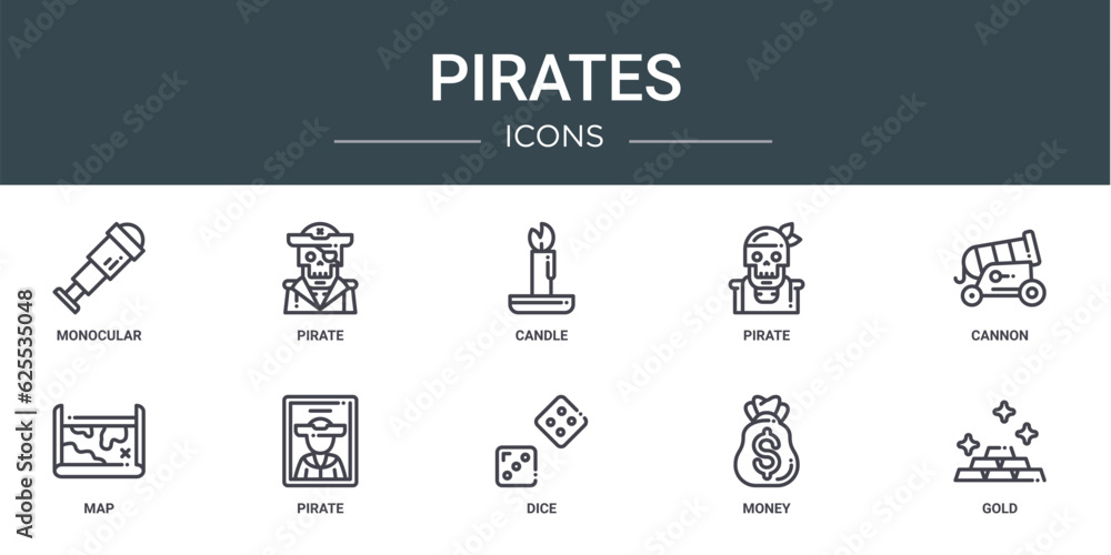 set of 10 outline web pirates icons such as monocular, pirate, candle, pirate, cannon, map, pirate vector icons for report, presentation, diagram, web design, mobile app