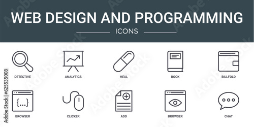 set of 10 outline web web design and programming icons such as detective, analytics, heal, book, billfold, browser, clicker vector icons for report, presentation, diagram, web design, mobile app