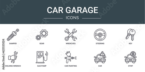 set of 10 outline web car garage icons such as damper, gear, wrenches, steering, key, holding wrench, gas pump vector icons for report, presentation, diagram, web design, mobile app