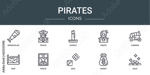 set of 10 outline web pirates icons such as monocular, pirate, candle, pirate, cannon, map, pirate vector icons for report, presentation, diagram, web design, mobile app