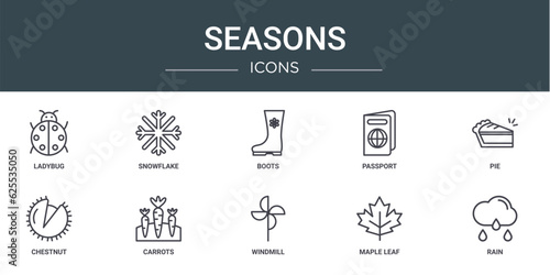 set of 10 outline web seasons icons such as ladybug, snowflake, boots, passport, pie, chestnut, carrots vector icons for report, presentation, diagram, web design, mobile app