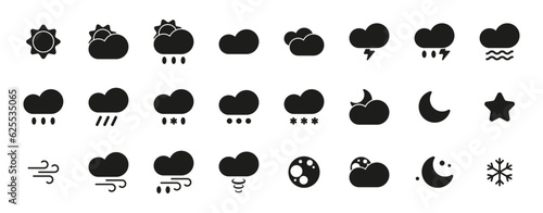 24 weather set. Black icons. Vector and PNG on transparent background.