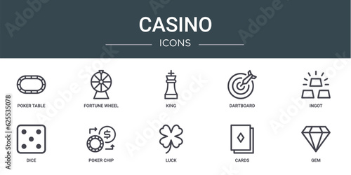 set of 10 outline web casino icons such as poker table, fortune wheel, king, dartboard, ingot, dice, poker chip vector icons for report, presentation, diagram, web design, mobile app