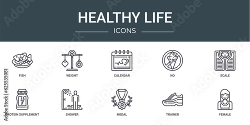 set of 10 outline web healthy life icons such as fish, weight, calendar, no, scale, protein supplement, shower vector icons for report, presentation, diagram, web design, mobile app