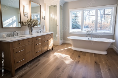 Gorgeous ensuite bathroom in a luxurious new farmhouse style home  featuring a double vanity  a freestanding soaker bathtub  a mirror  sinks  a shower  and stunning hardwood floors.