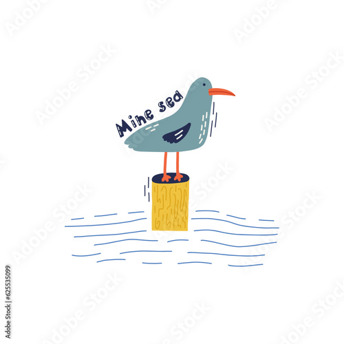 Cute hand drawn sea animal character seagull isolated on white. Underwater creature life. Decorative lettering mine sea. Kids vector print design doodle style