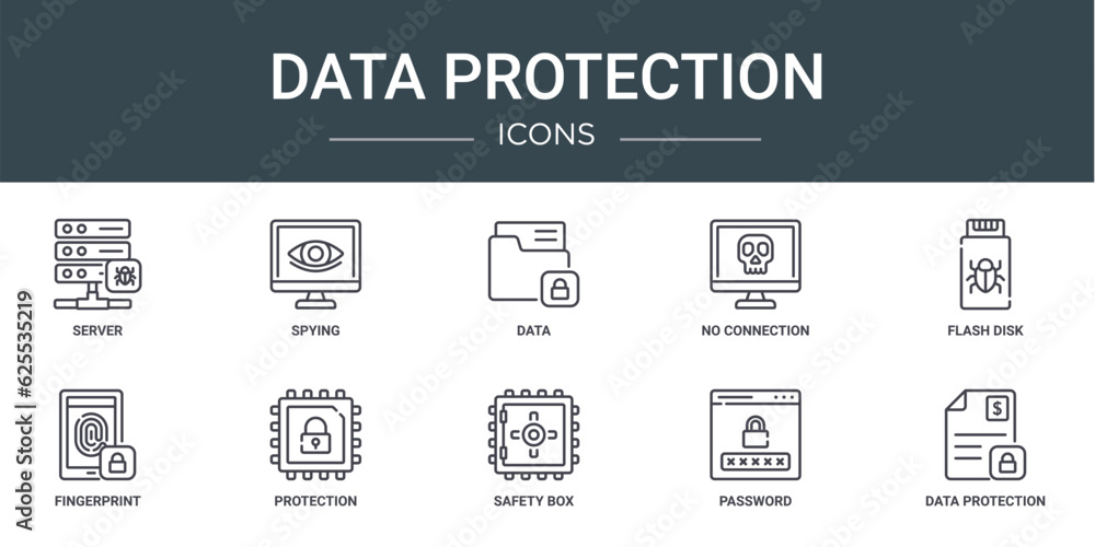set of 10 outline web data protection icons such as server, spying, data, no connection, flash disk, fingerprint, protection vector icons for report, presentation, diagram, web design, mobile app set of 10 outline web data protection icons such as server, spying, data, no connection, flash disk, fingerprint, protection vector icons for report, presentation, diagram, web design, mobile app
