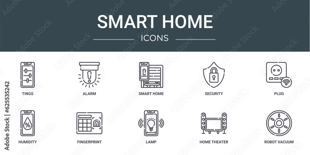 set of 10 outline web smart home icons such as tings, alarm, smart home, security, plug, humidity, fingerprint vector icons for report, presentation, diagram, web design, mobile app