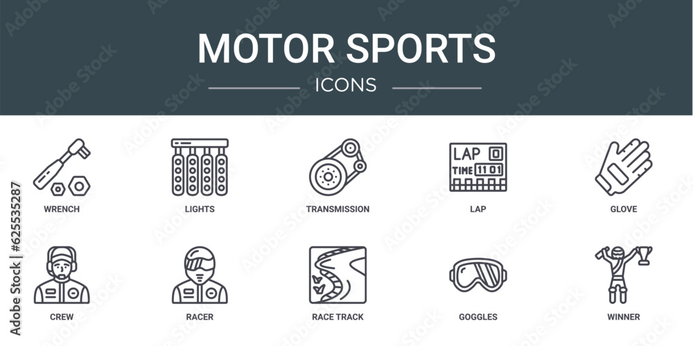 set of 10 outline web motor sports icons such as wrench, lights, transmission, lap, glove, crew, racer vector icons for report, presentation, diagram, web design, mobile app