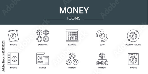 set of 10 outline web money icons such as invoice, exchange, banking, euro, pound sterling, invoice, invoice vector icons for report, presentation, diagram, web design, mobile app