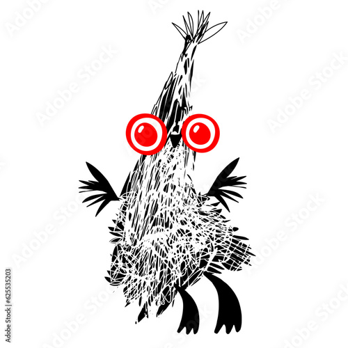 Hand drawn funny scribble drawing of creature, fun birdie character isolated on white background. Vector grunge illustration for Halloween celebrationg, print, decorations, sketch, icon, sticker