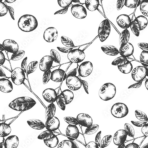 Seamless vector pattern with blueberry branches in engraving style. Hand drawn pattern with blueberries.