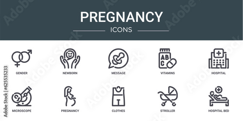 set of 10 outline web pregnancy icons such as gender, newborn, message, vitamins, hospital, microscope, pregnancy vector icons for report, presentation, diagram, web design, mobile app
