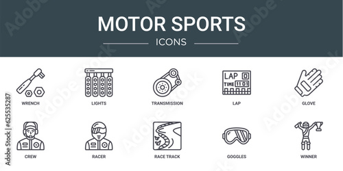 set of 10 outline web motor sports icons such as wrench, lights, transmission, lap, glove, crew, racer vector icons for report, presentation, diagram, web design, mobile app