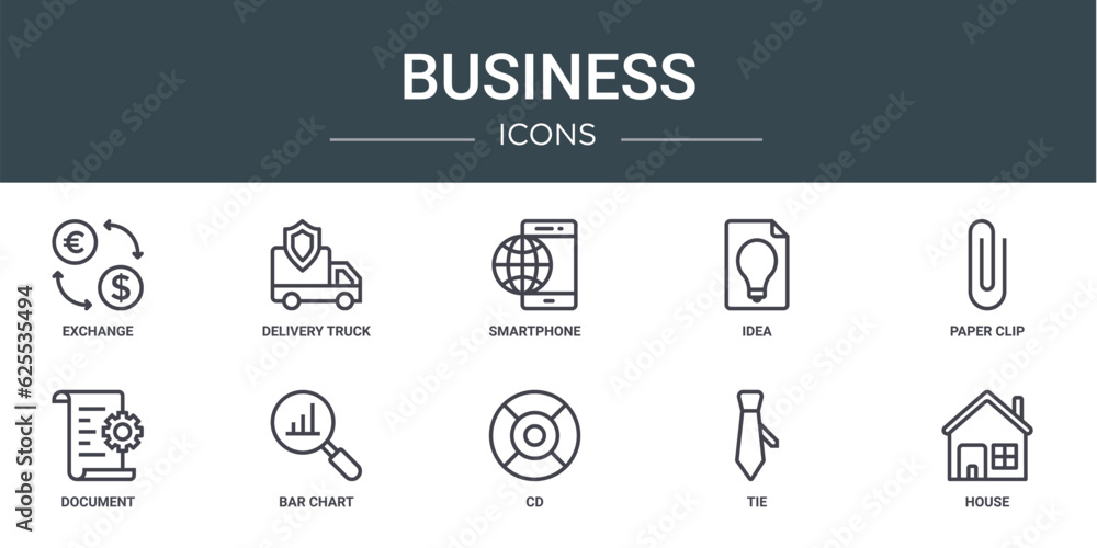 set of 10 outline web business icons such as exchange, delivery truck, smartphone, idea, paper clip, document, bar chart vector icons for report, presentation, diagram, web design, mobile app
