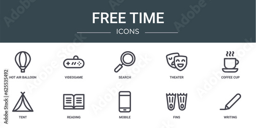 set of 10 outline web free time icons such as hot air balloon, videogame, search, theater, coffee cup, tent, reading vector icons for report, presentation, diagram, web design, mobile app