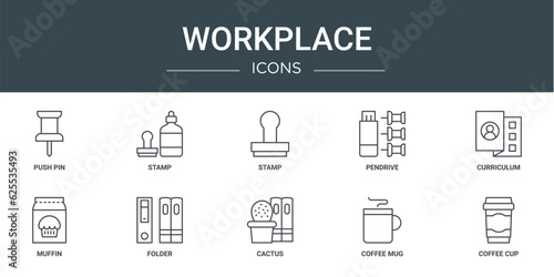 set of 10 outline web workplace icons such as push pin, stamp, stamp, pendrive, curriculum, muffin, folder vector icons for report, presentation, diagram, web design, mobile app