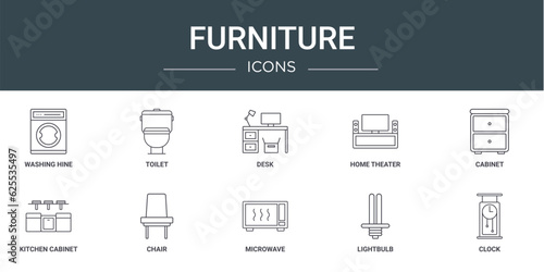 set of 10 outline web furniture icons such as washing hine, toilet, desk, home theater, cabinet, kitchen cabinet, chair vector icons for report, presentation, diagram, web design, mobile app