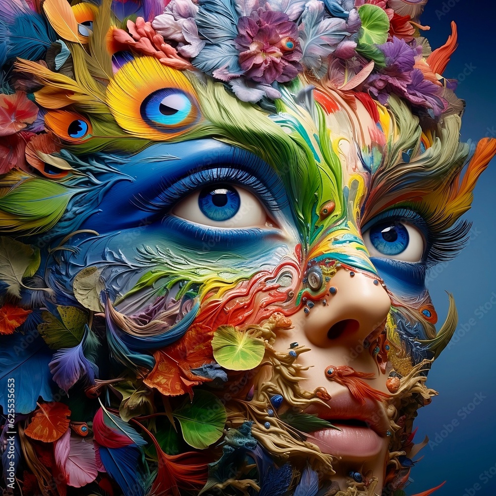 Female face covered in colorful flowers, feathers, and paint.  Abstract and photorealistic details. Close-up artistic portrait with plain blue background. Generative AI