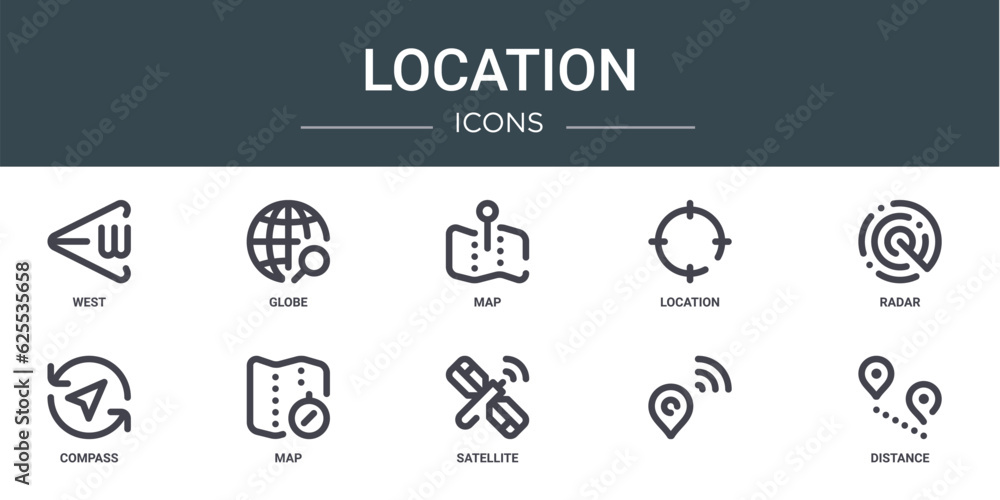 set of 10 outline web location icons such as west, globe, map, location, radar, compass, map vector icons for report, presentation, diagram, web design, mobile app