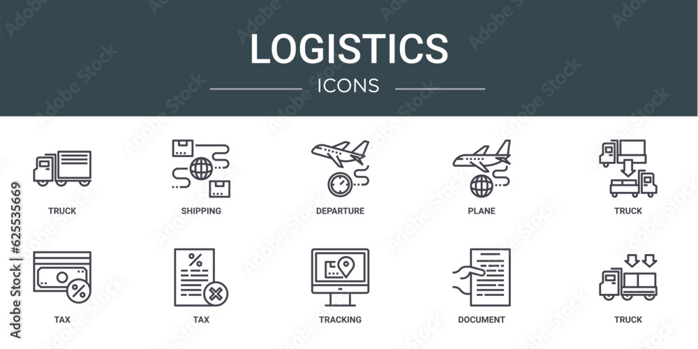 set of 10 outline web logistics icons such as truck, shipping, departure, plane, truck, tax, tax vector icons for report, presentation, diagram, web design, mobile app