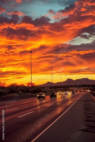 Sunset at the arizona freeway, in the style of vibrant and lively hues. Generative AI