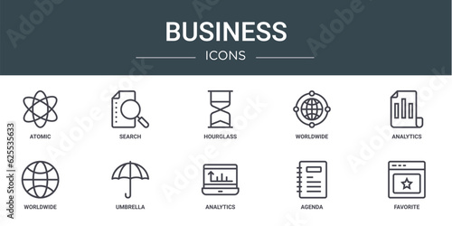 set of 10 outline web business icons such as atomic, search, hourglass, worldwide, analytics, worldwide, umbrella vector icons for report, presentation, diagram, web design, mobile app