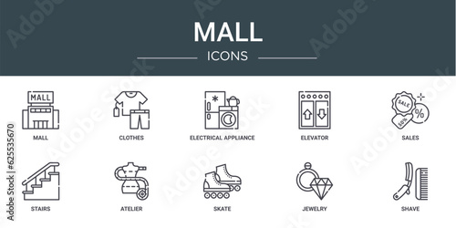 set of 10 outline web mall icons such as mall, clothes, electrical appliance, elevator, sales, stairs, atelier vector icons for report, presentation, diagram, web design, mobile app