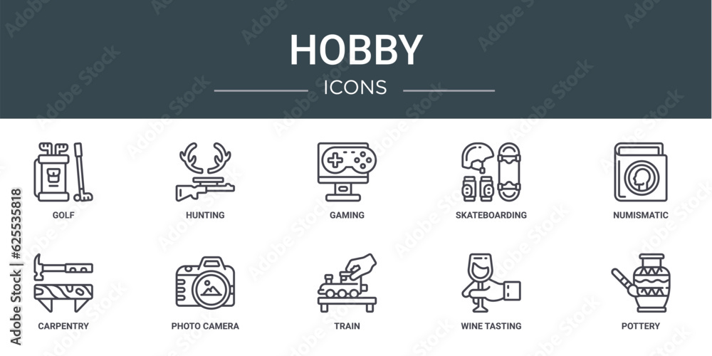 set of 10 outline web hobby icons such as golf, hunting, gaming, skateboarding, numismatic, carpentry, photo camera vector icons for report, presentation, diagram, web design, mobile app