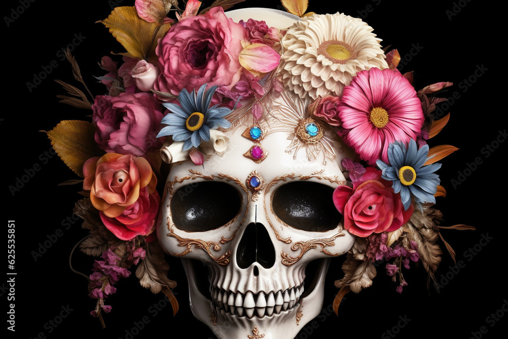 skull decorated with flowers Halloween coral. generative ai