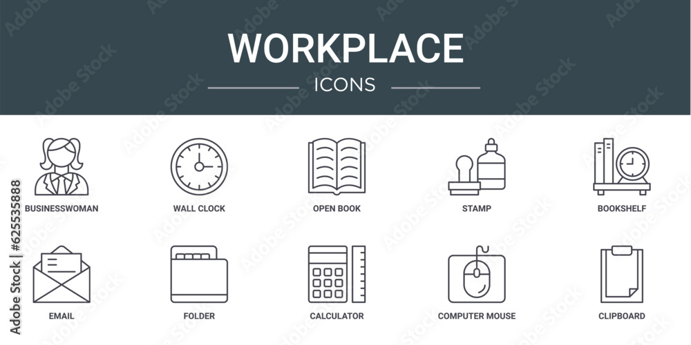 set of 10 outline web workplace icons such as businesswoman, wall clock, open book, stamp, bookshelf, email, folder vector icons for report, presentation, diagram, web design, mobile app